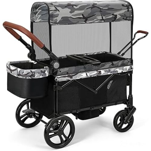 ELEMARA All-Terrain Stroller Wagon for 2 Kids, Foldable Kids Wagon Stroller Includes Removable Canopy,Mosquito net, Adjustable Push＆Pull Handle,Snack Tray & Cup Holders, Storage Basket, Black+White