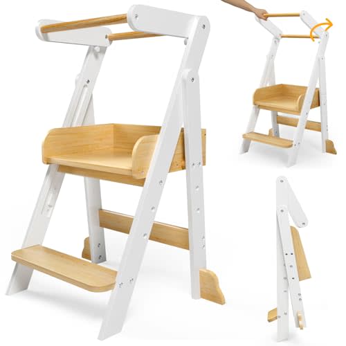 Foldable Toddler Tower with 3 Heights, Kids Step Stool for 1.5-6 Years, Toddler Standing Tower for Bathroom Sink, Stool for Kids Anti-Drop (White)