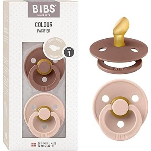 BIBS Pacifiers - Set of 2 | Colour Pacifier with Anatomical Nipple | BPA-Free Natural Rubber | Made in Denmark | Blush/Woodchuck | Size 0-6 Months