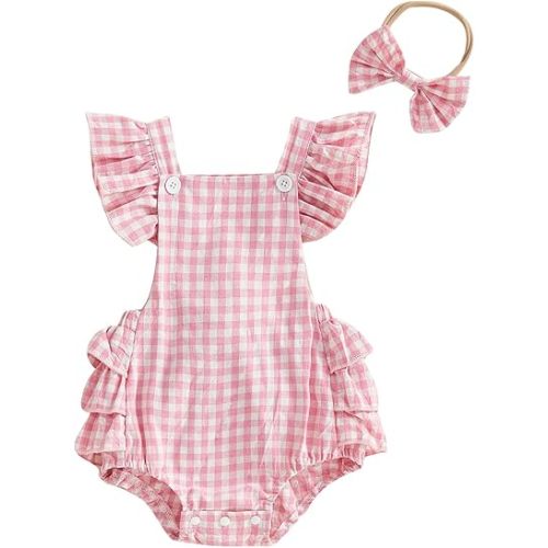 FOMOYUU Newborn Baby Girl Romper Summer Sleeveless Checkered Smocked Cotton Linen Clothes Outfit Jumpsuit with Bow Headband