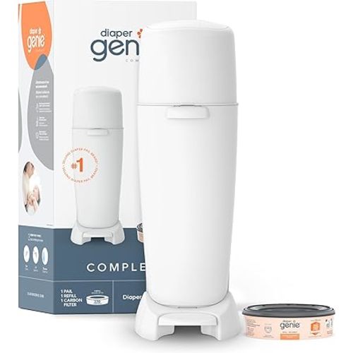 Playtex Diaper Genie Complete Pail with Built-In Odor Controlling Antimicrobial, Includes Pail & 1 Refill, White , 8.36 Pound