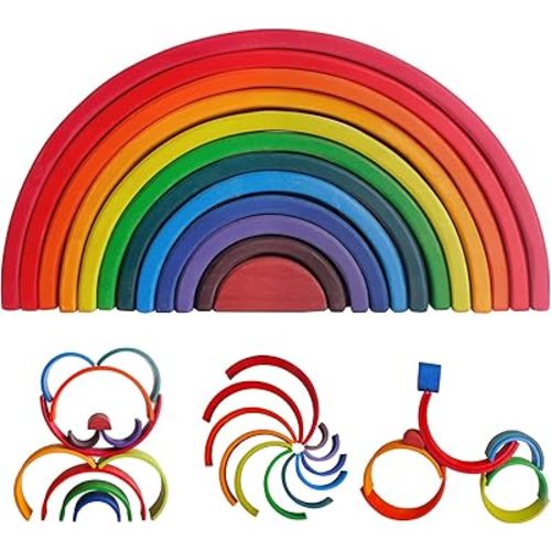 SHIERDU Wooden Rainbow Stacking Toy, 12-Piece Wooden Building Block Set, Wooden Building Block Nesting Puzzle, Early Childhood Matching Education and Learning Montessori Toys 3 4 5 6 Years Old