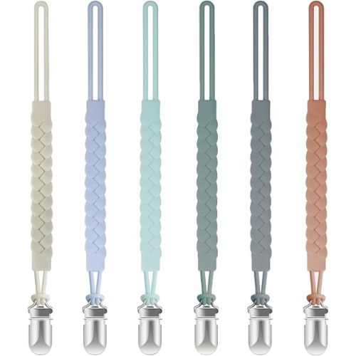 TenderBabe Silicone Pacifier Clip for Baby Boys and Girls, Pack of 6 Soft Flexible Paci Binky Clips with One-Piece Braided-Style Design,BPA-Free Newborn Essentials