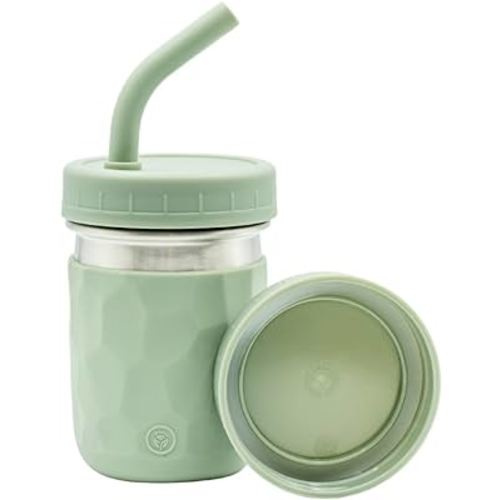 WeeSprout 2-in-1 Drinking Cup for Kids, (8 oz Green) Durable Stainless Steel Tumbler for Smoothies, Silicone Straws with Stoppers, Premium Plastic Twist Lids, Easy-Grip Sleeves, Dishwasher Safe
