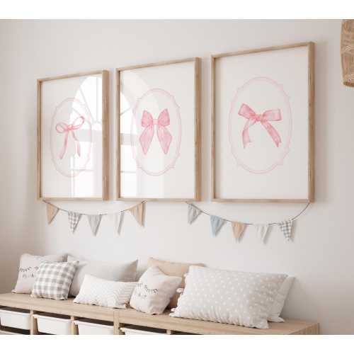 Light Pink Bow Prints, Pink Girly Wall Art Set of 3, Dainty Ribbon Prints, Girl Room Decor, Printable Framed, Pink Nursery Decor