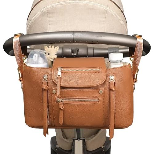 miss fong Stroller Organizer with Insulated Cup Holder Stroller Caddy Baby Storage Bag with Adjustable Strap to Fit All Strollers (Brown)