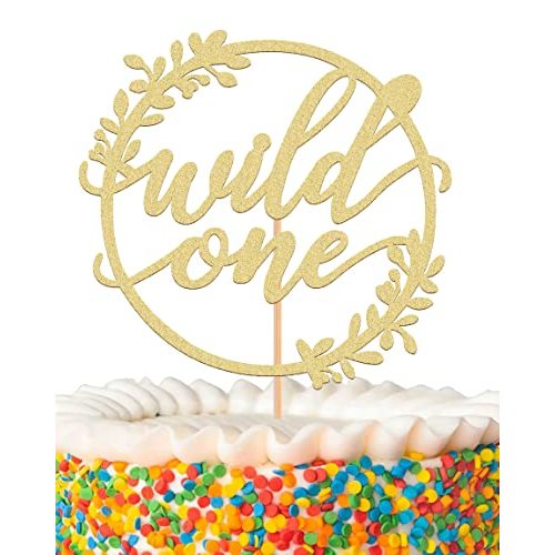 MYAMPED Wild One Cake Topper - Glitter Golden 1st Birthday Cake Decorating Supplies, Suitable for Baby Shower Favors, Baby Gender Reveal, Baby First Birthday Party or Baby Photo Booth Props