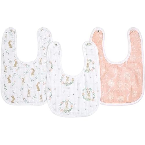 aden + anais Essentials Baby Bibs Soft & Absorbent 100% Muslin Cotton Adjustable Snap Bibs Set for Boys and Girls, 3 Pack, Blushing Bunnies
