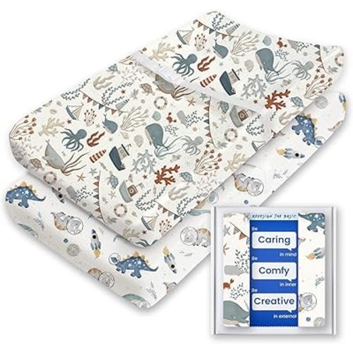 Extra Stretchy Changing Pad Cover, TotBasic Ultra Soft Premium Jersey Knit Changing Pad Sheets, Unisex for Boys Girls, Fits All Standard Changing Tables/Dresser Tops - 2 Pack (Dino + Whale)