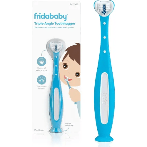 Frida Baby Triple-Angle Toothhugger Training Toddler Toothbrush | Toddler Toothbrush 2 Years and Up, Cleans All Sides at Once | Blue