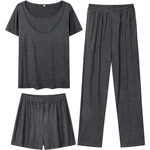 SWOMOG Womens 3 PCS Nursing Maternity Pajama Set - Small, Deep Grey