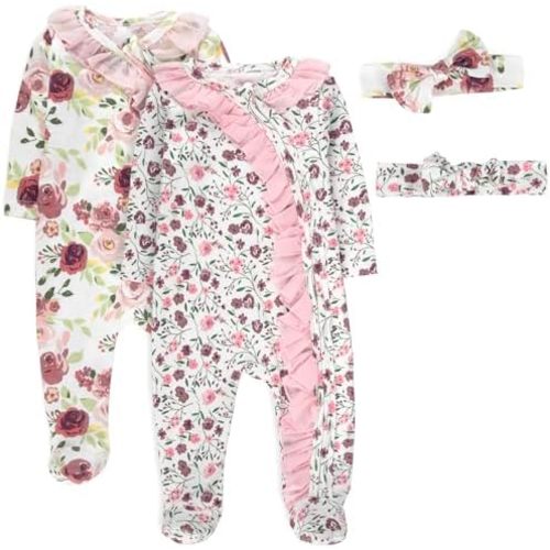 Baby Essentials Baby Girl Sleepers,4 Piece Outfit Set, Romper Footies and Headband – All Season Baby Clothes Gift Set