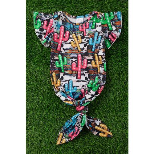 Baby Girls Cactus Cow Print Aztec Turquoise Pink Western Rodeo Knotted Baby Gown