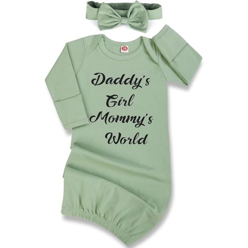 Newborn Baby Gown 0-6 Months, Super Soft Newborn Sleepers Gown, Long Sleeve Nightgown for Baby Girl, Infant Come Home Essential Outfit with Headband Green