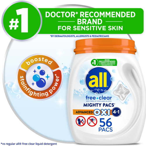 all Laundry Detergent Pacs, Mighty Pacs with OXI Stain Removers and Whiteners, Free Clear, Unscented and Dye Free, 56 Count