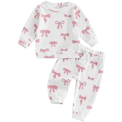 NZNDSHD Fall Baby Girl Clothes Ruffle Long Sleeve Bow Print Sweatshirt Top Pants Set 2Pcs Waffle Knit Outfit