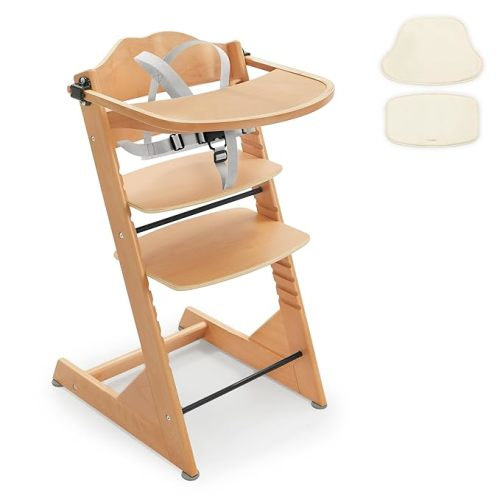 Convertible Wooden High Chair for Babies and Toddlers - Baby Feeding Chair& Toddler Dining Chair with Removable Tray, Cushion and Harness, Natural Color
