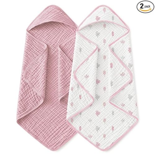 Yoofoss Hooded Baby Towels for Newborn 2 Pack 100% Muslin Organic Cotton Baby Bath Towel with Hood for Babies, Infant, Toddler and Kids,37.5"x37.5", Soft and Absorbent Newborn Essential,Pink&WhiteLeaf