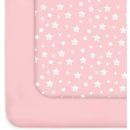Pack and Play Sheets Girl, 2 Pack Mini Crib Sheets, Stretchy Playard Fitted Sheet, Compatible with Graco Pack n Play, Soft and Breathable Material, Pink&Pink Stars