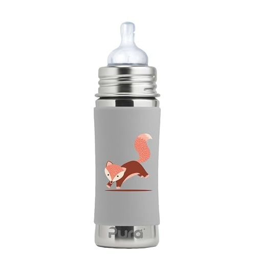 Pura Kiki 11oz/325ml Stainless Steel Infant Bottle w/Sleeve, Anti-Colic, 100% Plastic-Free, MadeSafe Certified, Medical-Grade Silicone, Medium-Flow Nipple, for Babies 3 Months & Up - (Fox)