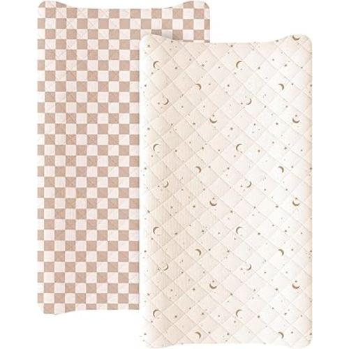Konssy Waterproof Muslin Changing Pad Cover 2 Pack, Quilted Cotton Fitted Diaper Changing Table Cover, Soft Changing Pad Sheets for Girls Boys (Coffee Check,Moon)