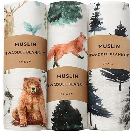 3 Pack Baby Muslin Swaddle Blankets Gender Neutral Large Swaddles for Newborn Baby Boys or Girls Light Receiving Blankets Newborn Infant Essentials for Mom (Woodland)