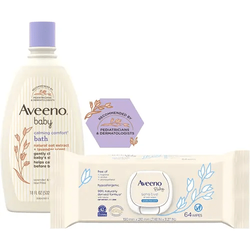Aveeno Baby Calming Comfort Bath with Relaxing Lavender & Vanilla Scents, Hypoallergenic, 18 Fl Oz (Pack of 1) with Sensitive All Over Wipes, 64 ct (Pack Of 3)