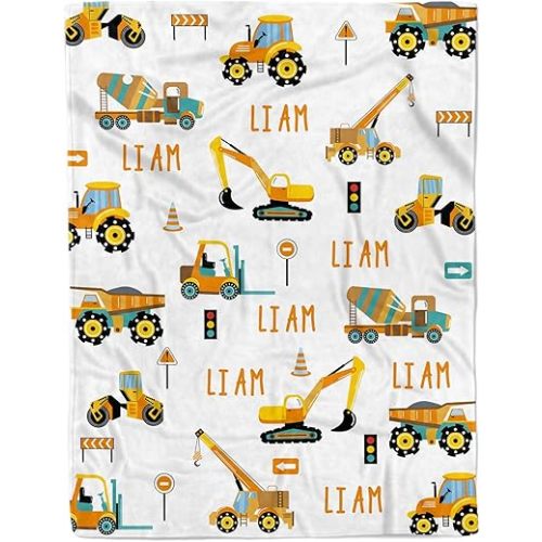 Personalized Truck Excavator Blanket with Name Cutsom Blanket for Baby Boy Car Lover Toddler Kids Customized Gifts for Baby Shower Christmas Birthday Newborn Gifts