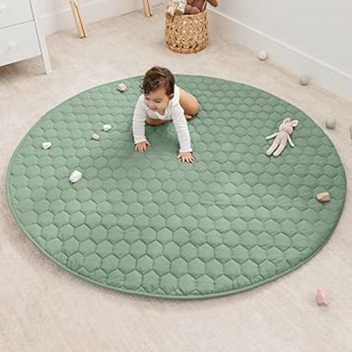 Comfy Cubs Round Kids Play Mat - Large 60 inches Soft Quilted Baby Floor Mat with Non-Slip Bottom - Plush Design for Toddlers' Playtime - Comfortable and Durable - Fern