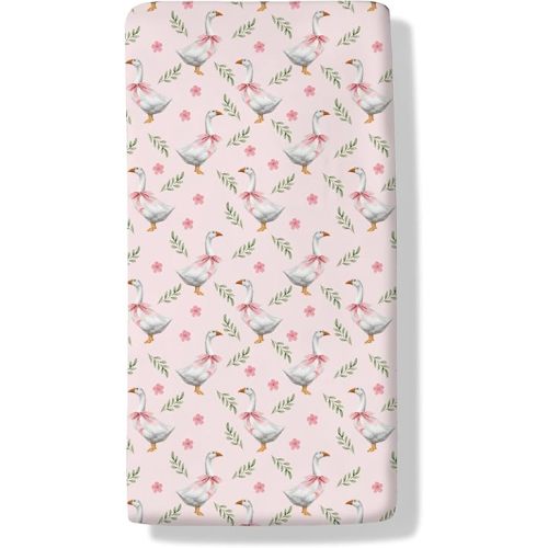 Cute Geese Boho Floral Baby Crib Sheets Farmhouse Geese Pink Bows Toddler Bedding Bed Sheets Farm Animal Fitted Crib Mattress Cover Fits Standard Crib Mattress 28x52 in