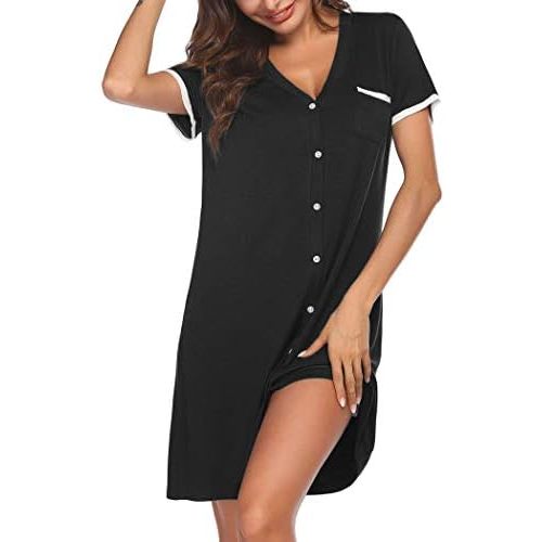 Ekouaer Nightgowns for Women Button Down Pajamas Tops Short Sleeve Sleepwear V-Neck Sleepwear S-3XL