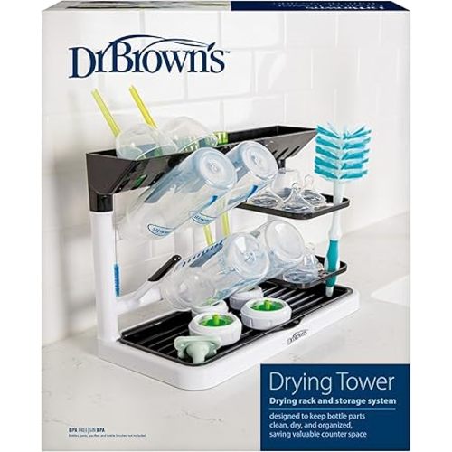 Dr. Brown's Baby Bottle Drying Tower, Stand-Up Countertop Drying Rack with Organized Storage for Baby Essentials, Space Saving Vertical Rack, Black/White