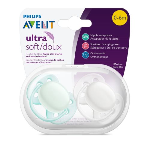 Philips Avent Ultra Soft Pacifier 0-6 Months, Wht/Grn 2pk