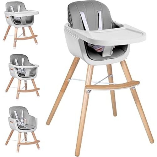 High Chairs for Babies and Toddlers,3 in 1 Convertible Wooden highchair, Baby High Chair with Adjustable Legs,5 Point Harness, Footrest, Dishwasher-Safe Tray & PU Leather Cushion, Gray