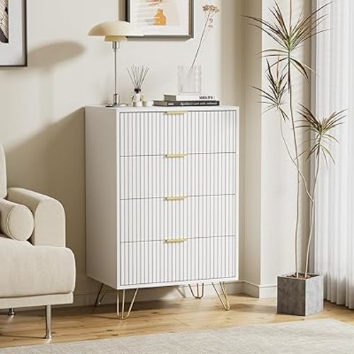 White Dresser for Bedroom, Modern Wide Dresser with Gold Pulls and 4 Drawers for Bedroom, Closets, 15.7" D x 23.6" W x 37.4" H