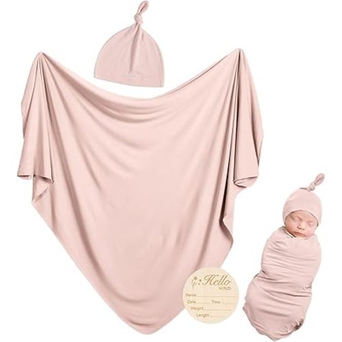 Rayon Made from Bamboo Newborn Swaddle Blanket Set with Matching Beanie, Super Soft Stretchy Baby Clothes Outfit for Girl Boy, Receiving Blankets Newborn Essentials, 35 x 35 Inch