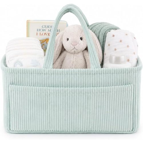 Mint Diaper Caddy Organizer, Premium Corduroy Nursery Storage Basket