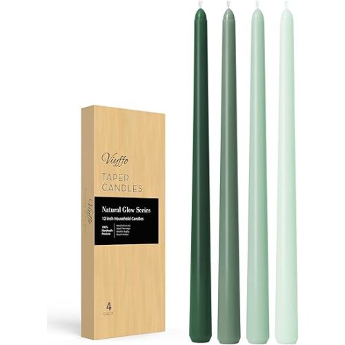Taper Candles 12 Inch Green Set of 4 Unscented, Dripless, Smokeless Long Tall Tapered Candlesticks Wedding Advent Home Decor Dinner Christmas-Natural Color Series