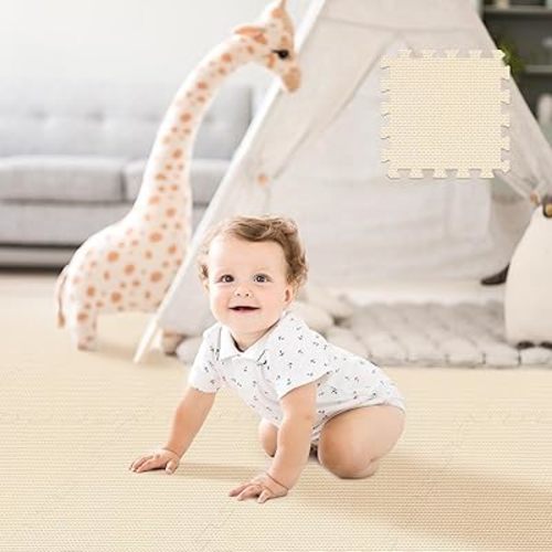 Puzzle Play Mat 16 Tiles with 32 Border Pieces, Interlocking Stitching Mat with Border for Living Room Playroom Gym, Beige