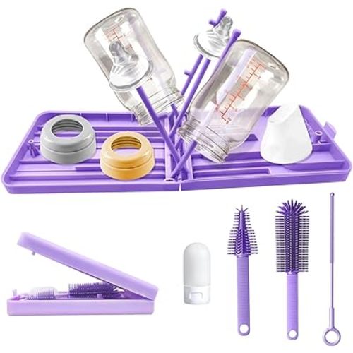 6 in 1 Baby Bottle Cleaner Set with Bottle Brush, Drying Rack, Straw Cleaner, Nipple Brush, Soap Dispenser, Organizer Case - Space Saving for Home and Travel (Purple)