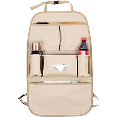 Car Backseat Organizer for Kids, Car Back Seat Storage Bag With 3 Pockets, 2 Drinks Holders, Water Resistant, Kids Toy Storage Kick Mat Back Seat Protector for Toddlers (Beige 1-Pack)