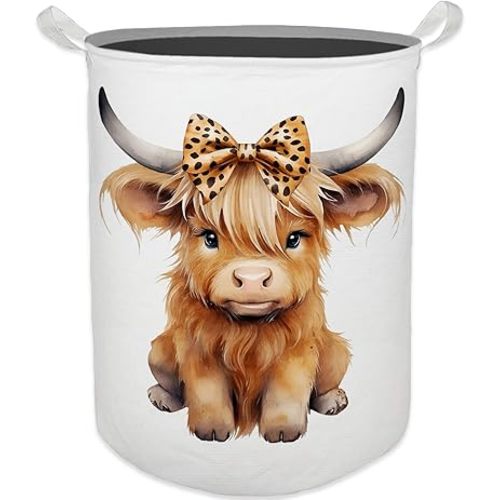 Highland Cow Baby Nursery Laundry Basket, Toybox for Girls Room, Leopard Bow Cow Laundry Basket Hamper Waterproof Collapsible Clothes Toys Storage Bin Organizer for Kids Room Playroom Bathroom