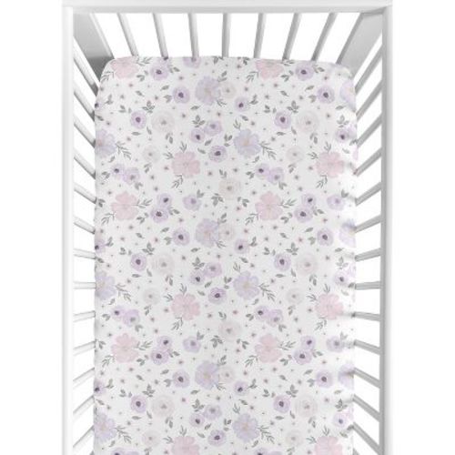 Sweet Jojo Designs Girl Jersey Knit Baby Fitted Crib Sheet Watercolor Floral Lavender Purple Pink And Grey