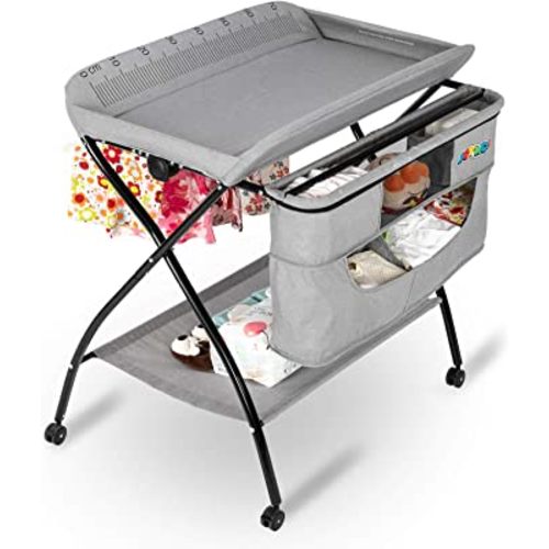 JOYMOR Portable Diaper Changing Station,Folding Baby Changing Table for Infant, Moblie Diaper Changing Table with Wheels, Large Storage Basket & Shelf Portable Nursery Organizer