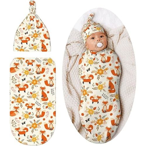 Fox Cute Newborn Swaddle Blanket Baby Stuff Baby Swaddling Blanket with Beanie Set Soft Sleeping Sack for Unisex Girls Boys