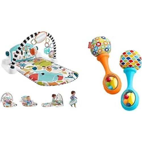 Fisher-Price Baby Activity Mat Glow and Grow Kick & Play Piano Gym & Newborn Toys Rattle 'n Rock Maracas, Set of 2 Soft Musical Instruments for Babies 3+ Months, Blue Orange