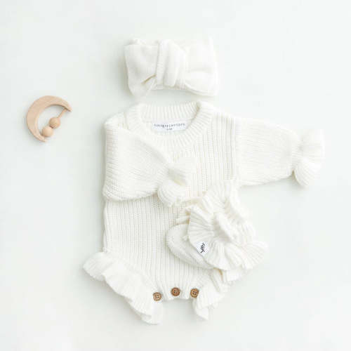 Chunky Knit Ruffle Romper - Ivory Cloud