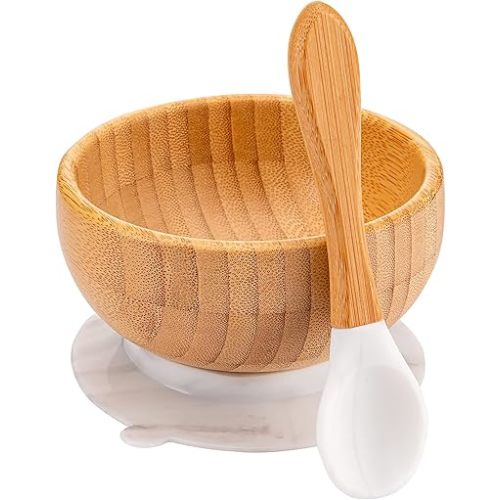 Baby Bamboo Bowls with Suction and Matching Spoon Set, 3 Piece Feeding Supplies Set for Infant, Toddlers, Detachable Silicone Suction Stay Put Base for Wooden Bowl, Plate
