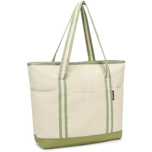 Large Canvas Tote Bag for Women, Beach Bag with Zipper, Utility Tote Bag with 3 Front Pockets, Weekender Pool Bag