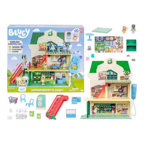 Bluey Supermarket Playset, 3 Different Levels with Exclusive Bluey and Bingo Figures. 24 Sounds and 15+ Play Pieces Plus Fun Intercom, Ages 3+